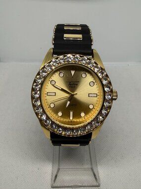Techno Pave NO.8653 Men's Gold-Tone Iced Out Rhinestone Bezel Silicone Watch